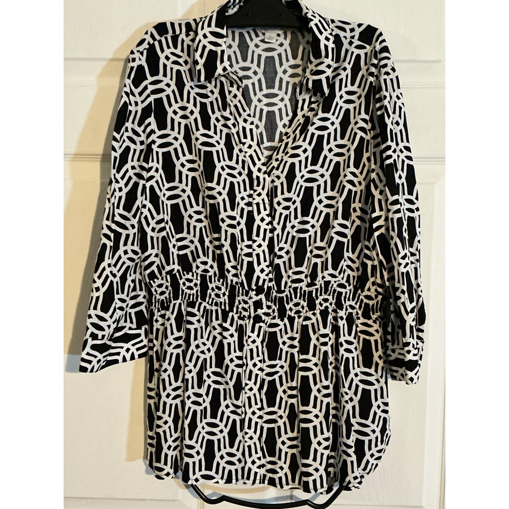 Cato‎ Womens Large Black White Geometric Chain Print Smocked Waist Tunic Top L